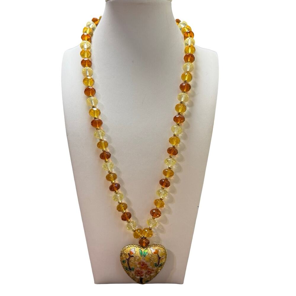 JOAN RIVERS Cloisonné Heart Necklace, Lemon & Orange Glass Beads, Gold Tone - Picture 3 of 4